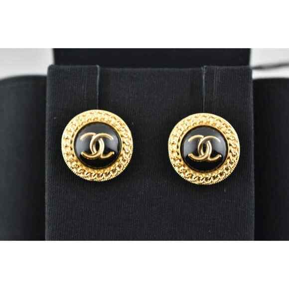 Chanel 21S Gold Black Chain Link CC Logo Large Dangle Statement Stud Earrings - Picture 5 of 12